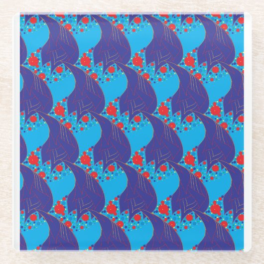 モダン抽象芸術ブルーと赤い虹色のドロップパターン ガラスコースター (正面)