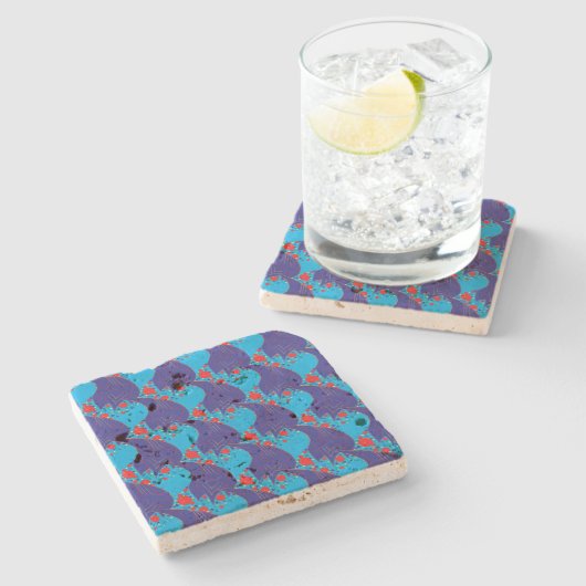 モダン抽象芸術ブルーと赤い虹色のドロップパターン ストーンコースター (横)