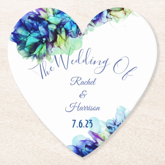 モダン抽象芸術ブルーティール（緑がかった色）&ターコイズ結婚ズ ペーパーコースター (正面)