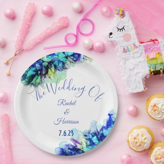 モダン抽象芸術ブルーティール（緑がかった色）&ターコイズ結婚ズ ペーパープレート (パーティー)