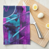 モダン抽象芸術ブルーピンクブラシストロークモノグラム キッチンタオル (四つ折り)