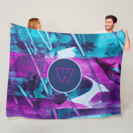 モダン抽象芸術ブルーピンクブラシストロークモノグラム フリースブランケット