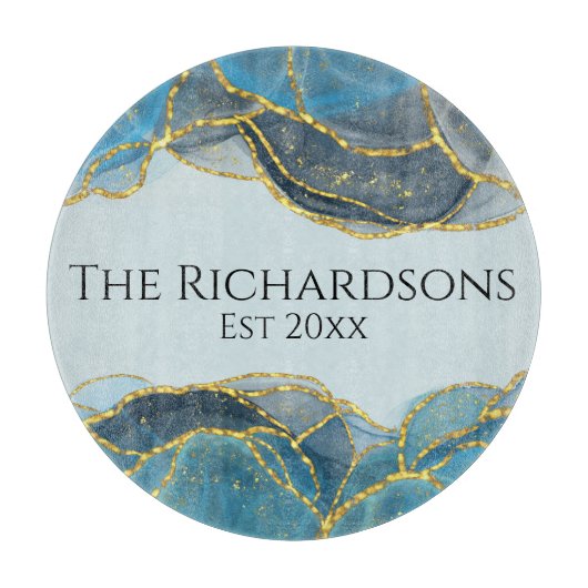 モダン抽象芸術ブルー金ゴールド瑪瑙の石のインク名 カッティングボード (正面)