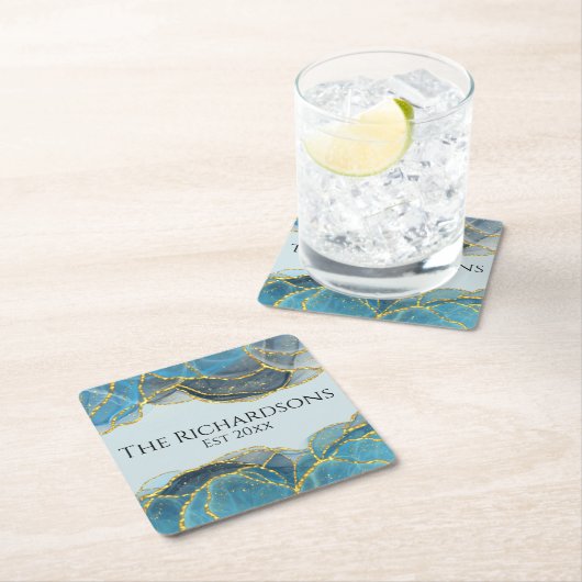 モダン抽象芸術ブルー金ゴールド瑪瑙ストーンテクスチャ スクエアペーパーコースター (インサイチュ)