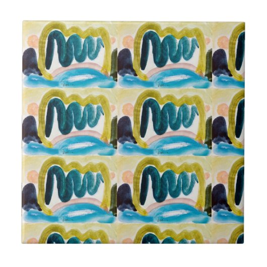 モダン抽象芸術ブルー、ティール（緑がかった色）、イエロー金ゴールドセラミック タイル (正面)