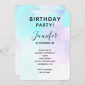 モダン抽象芸術ブルー&パープルウォーター誕生日 招待状 (正面/裏面)