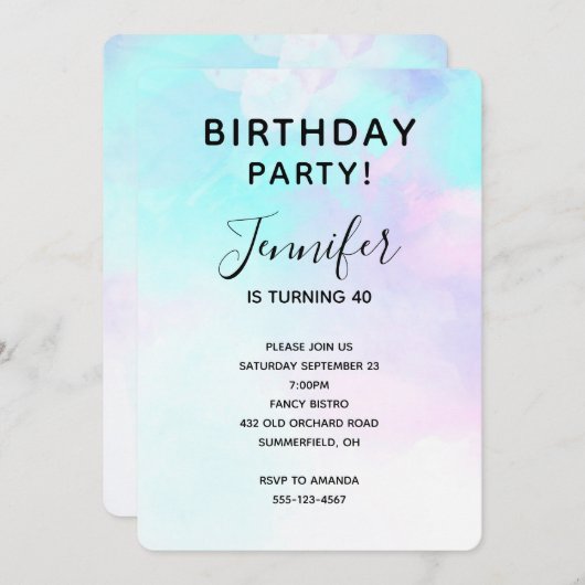 モダン抽象芸術ブルー&パープルウォーター誕生日 招待状 (正面/裏面)