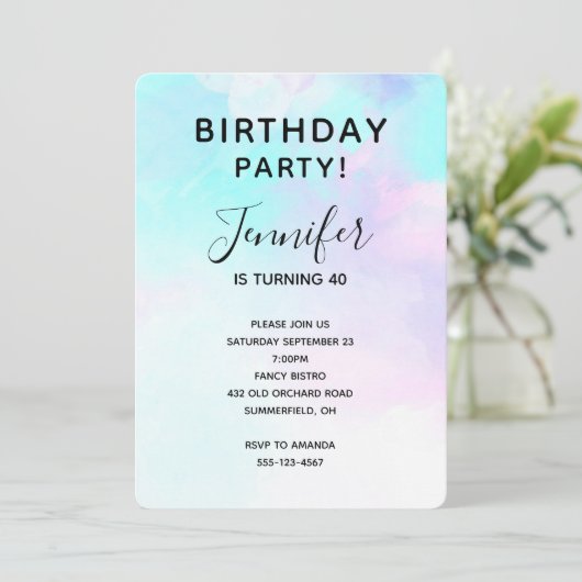 モダン抽象芸術ブルー&パープルウォーター誕生日 招待状 (スタンド正面)