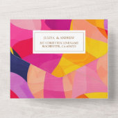 モダン抽象芸術ホットピンクとオレンジ結婚ズ オールインワン招待状 (裏面)