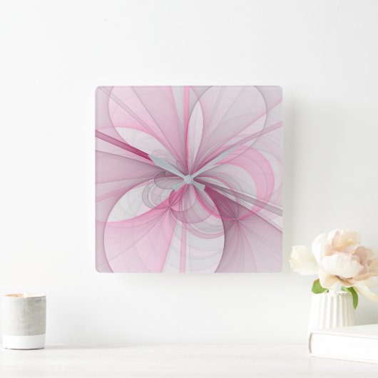 モダン抽象芸術ライトピンクグレーフラクタルデザイン スクエア壁時計 (ホーム)