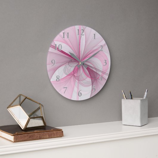 モダン抽象芸術ライトピンクグレーフラクタルデザイン ラージ壁時計 (オフィス)