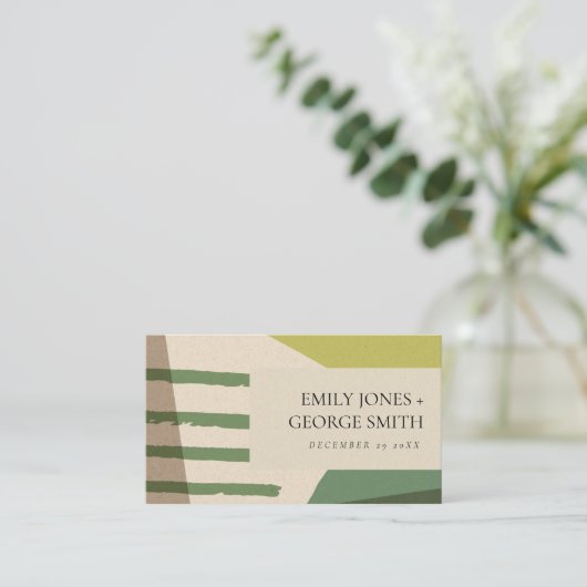 モダン抽象芸術ライムグリーン結婚アートの結婚式 名刺 (スタンド正面)