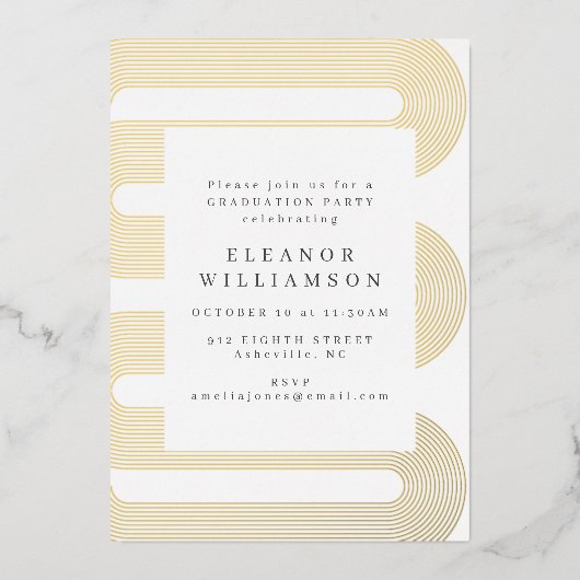 モダン抽象芸術ラインアート卒業金ゴールド 箔招待状 (正面)