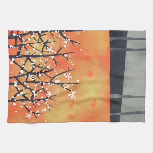 モダン抽象芸術ランドスケープ焦げオレンジ キッチンタオル (横)