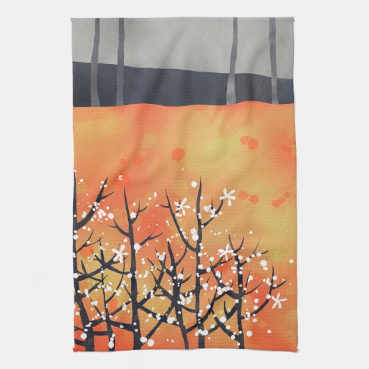 モダン抽象芸術ランドスケープ焦げオレンジ キッチンタオル (縦)