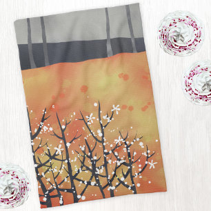 モダン抽象芸術ランドスケープ焦げオレンジ キッチンタオル