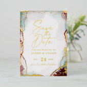 モダン抽象芸術ワインレッド日付を保存実在金ゴールド 箔招待状 (立ち正面)