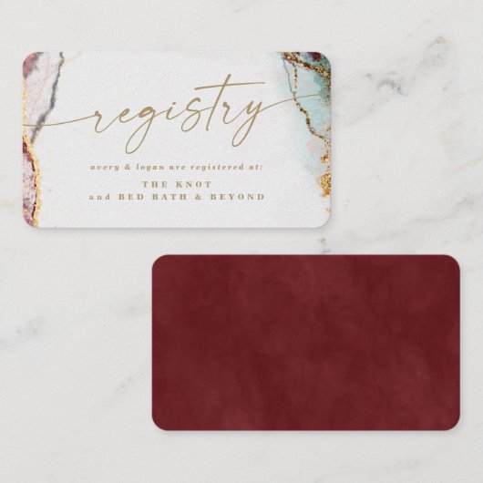 モダン抽象芸術ワインレッド&金ゴールド結婚ズレジストリ エンクロージャーカード (正面/裏面)