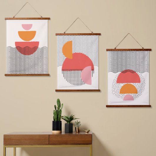 モダン抽象芸術半円波線ウォールアート 吊り下げ型タペストリー (非対称)