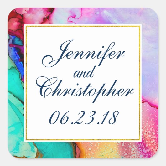 モダン抽象芸術大理石ウォーターカラーデザイン結婚ズ スクエアシール (正面)