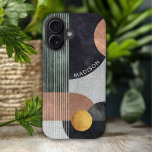 モダン抽象芸術幾何大理石名前をカスタムする iPhone 16ケース<br><div class="desc">抽象芸術モダンジオメトリック大理石名前をカスタムするiPhone 16ケースは、黒、バラ金ゴールド、金ゴールド水の色のジオメトリックな形状を灰色の大理石の背景にストライプは、白いスクリプトで名前を付けモダンていパーソナライズされたます。表示された文字・ボックスで文字を編集してパーソナライズ©Evco Studio www.zazzle.com/store/evcostudioによる設計</div>