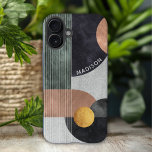 モダン抽象芸術幾何大理石名前をカスタムする iPhone 16 PLUSケース<br><div class="desc">抽象芸術モダンジオメトリック大理石名前をカスタムするiPhone 16 Plusケースは、黒、バラ金ゴールド、金ゴールド水の色のジオメトリックな形状を備え、灰色の大理石の背景にストライプは、白いスクリプトで名前を付けモダンていパーソナライズされたます。表示された文字・ボックスで文字を編集してパーソナライズ©Evco Studio www.zazzle.com/store/evcostudioによる設計</div>