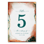 モダン抽象芸術水カラーティール(緑がかった色)と銅結婚の テーブルナンバー (正面)