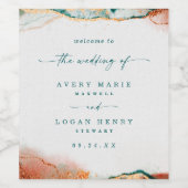 モダン抽象芸術水カラーティール（緑がかった色）と銅結婚の ワインラベル (シングルラベル)