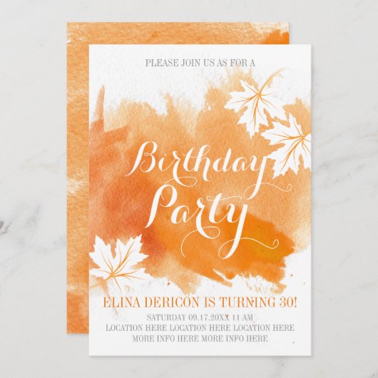モダン抽象芸術水彩オレンジの誕生日パーティー 招待状 (正面/裏面)