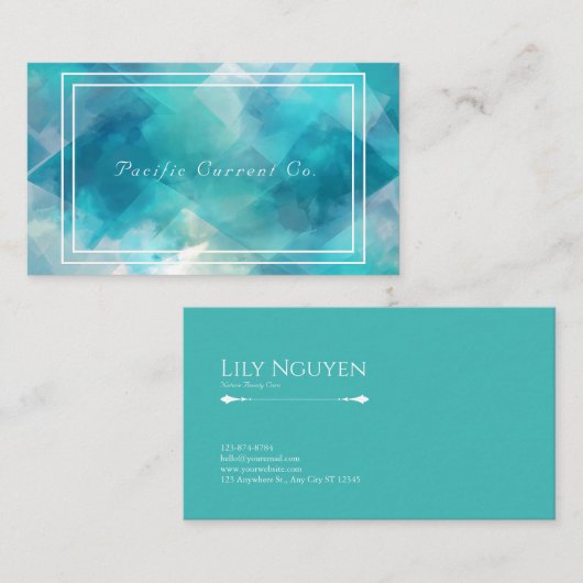 モダン抽象芸術水彩ティール(緑がかった色)とターコイズ 名刺 (正面/裏面)