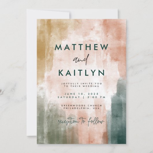 モダン抽象芸術水彩ブラシストロ結婚ーク 招待状 (正面)