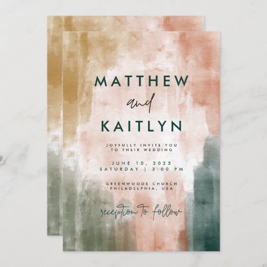 モダン抽象芸術水彩ブラシストロ結婚ーク 招待状 (正面/裏面)