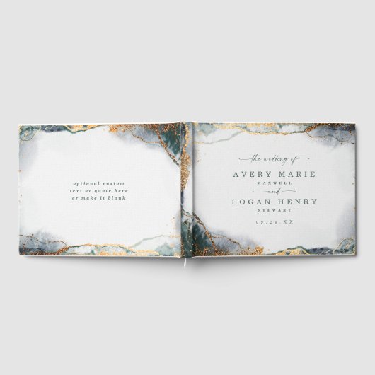 モダン抽象芸術水彩緑と金ゴールド結婚ズ ゲストブック (全面)
