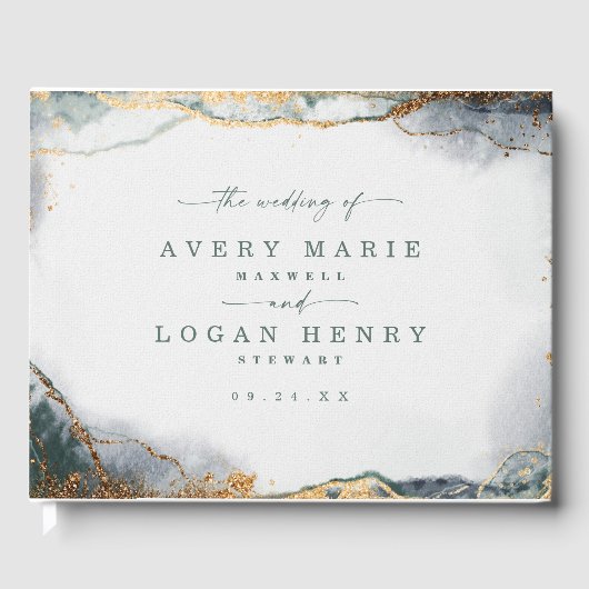 モダン抽象芸術水彩緑と金ゴールド結婚ズ ゲストブック (正面)
