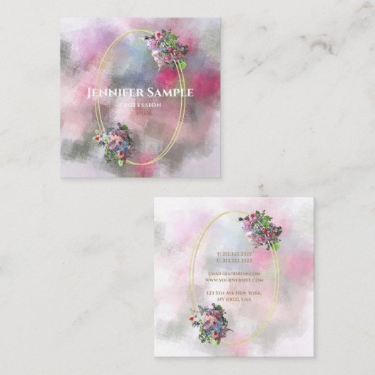 モダン抽象芸術水彩花金ゴールドフレームシック スクエア名刺 (正面/裏面)