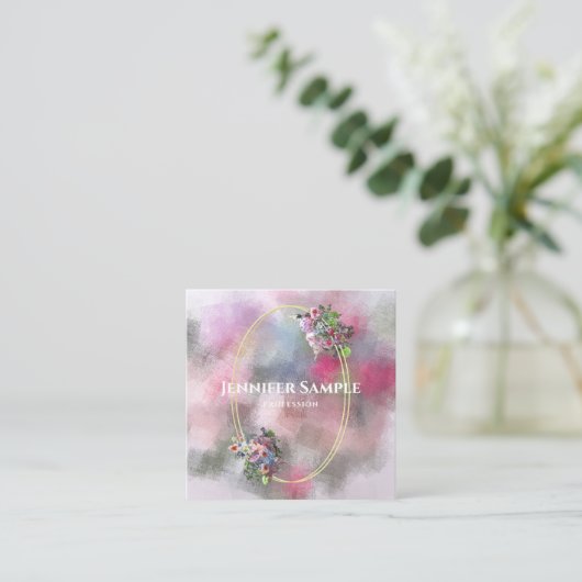 モダン抽象芸術水彩花金ゴールドフレームシック スクエア名刺 (スタンド正面)