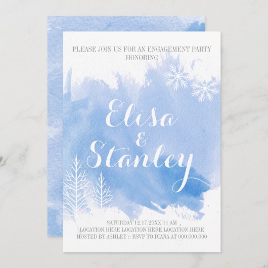 モダン抽象芸術水色ブルー婚約パーティ 招待状 (正面/裏面)