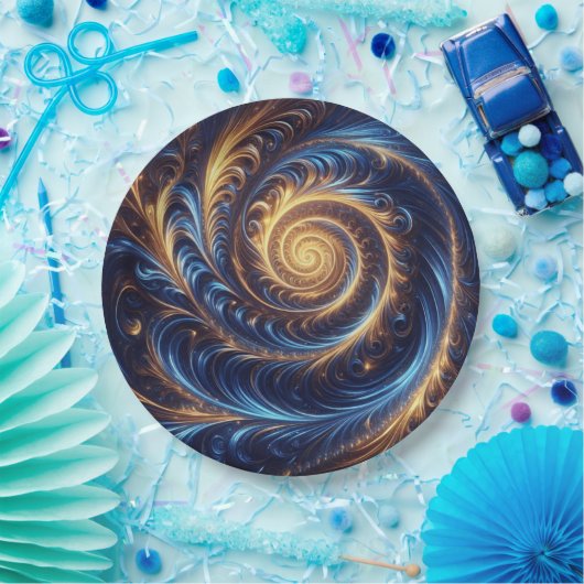モダン抽象芸術王室の宇宙ブルーと金ゴールド渦巻き ペーパープレート (パーティー)