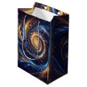 モダン抽象芸術王室の宇宙ブルーと金ゴールド渦巻き ミディアムペーパーバッグ (正面アングル)