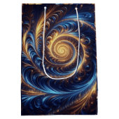 モダン抽象芸術王室の宇宙ブルーと金ゴールド渦巻き ミディアムペーパーバッグ (裏面)