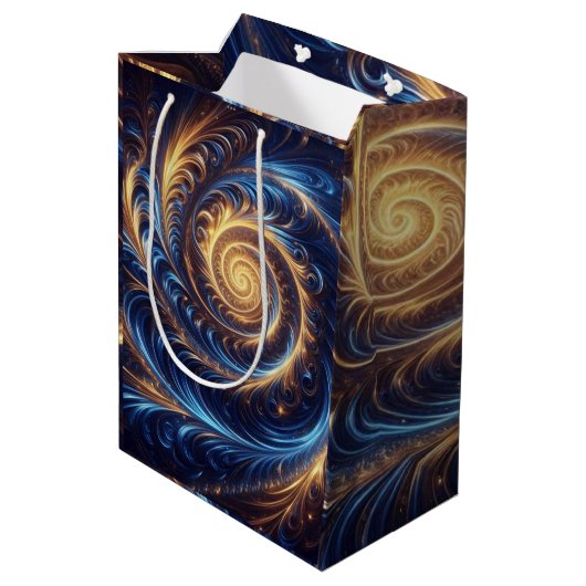 モダン抽象芸術王室の宇宙ブルーと金ゴールド渦巻き ミディアムペーパーバッグ (裏面アングル)