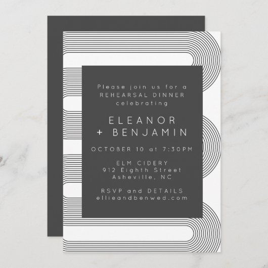 モダン抽象芸術白黒ラインリハーサルディナー 招待状 (正面/裏面)