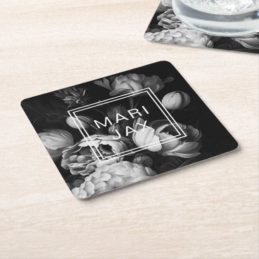 モダン抽象芸術白黒花 スクエアペーパーコースター (アングル)