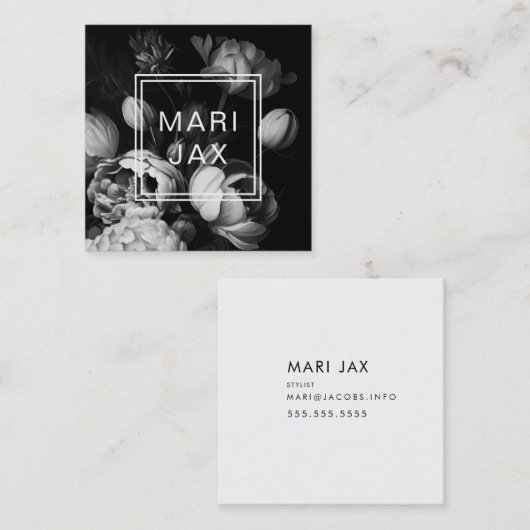 モダン抽象芸術白黒花 スクエア名刺 (正面/裏面)
