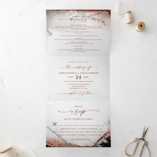 モダン抽象芸術素朴オレンジ&グレー秋の結婚式 三つ折り招待状 (内部)