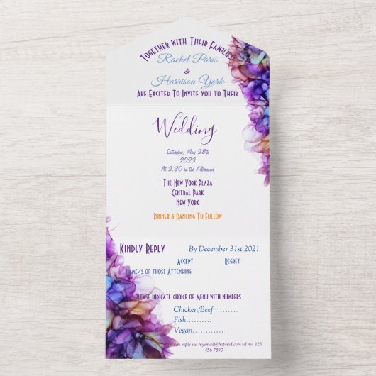 モダン抽象芸術紫バイオレット結婚式招待状 オールインワン招待状 (内側)