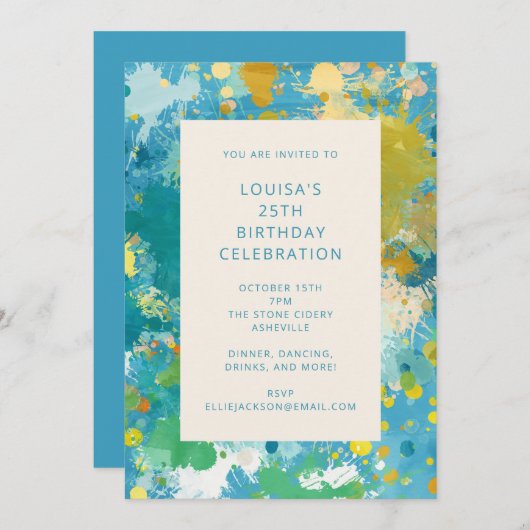 モダン抽象芸術絵を描アクールル25誕生日 招待状 (正面/裏面)