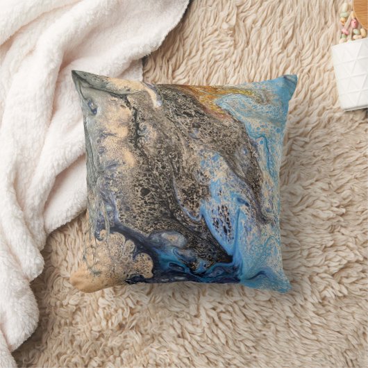 モダン抽象芸術絵を描ブルー金ゴールド白黒 クッション (ブランケット)