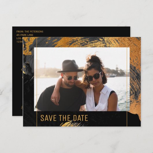 モダン抽象芸術絵画の金ゴールドスクリプトの写真結婚の 案内ポストカード (正面/裏面)
