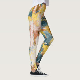 モダン抽象芸術絵画の黄色ティール(緑がかった色)金ゴールド白 レギンス